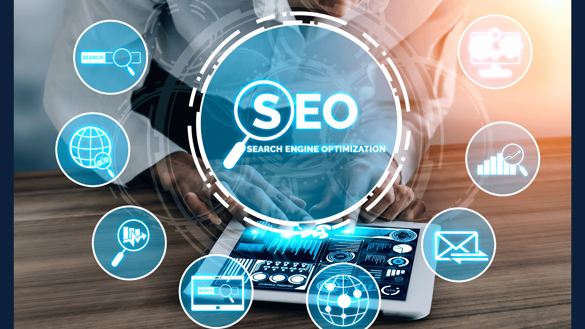 A photo background shows someone working at a wooden table. Eight pictures surround one large image in the center. Inside the central picture, a magnifying glass hovers over the letter "S" while it spell SEO. One of the surrounding photos depicts SEO with the magnifying glass. Another picture shows an email icon. There's also an internet-related image. One photo has SEO with a desktop. A magnifying glass floats above a continent in another picture. One image displays a lit desktop indicating it's turned on. Another photo includes a globe representing the world.