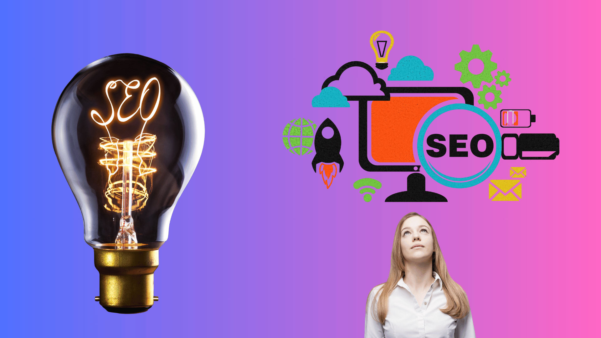 A photo background shows purple blending into pink. A lightbulb contains the letters "SEO" inside. Next to this sits another photo featuring a rocket ship pointing upwards. A desktop appears beside the rocket ship, with clouds floating above the monitor. Green gears occupy the upper right side above the desktop. A small lightbulb hovers above the clouds. A Wi-Fi symbol is visible beneath the monitor in the lower left corner. Below the monitor, near the SEO sign, a yellow email picture is present.