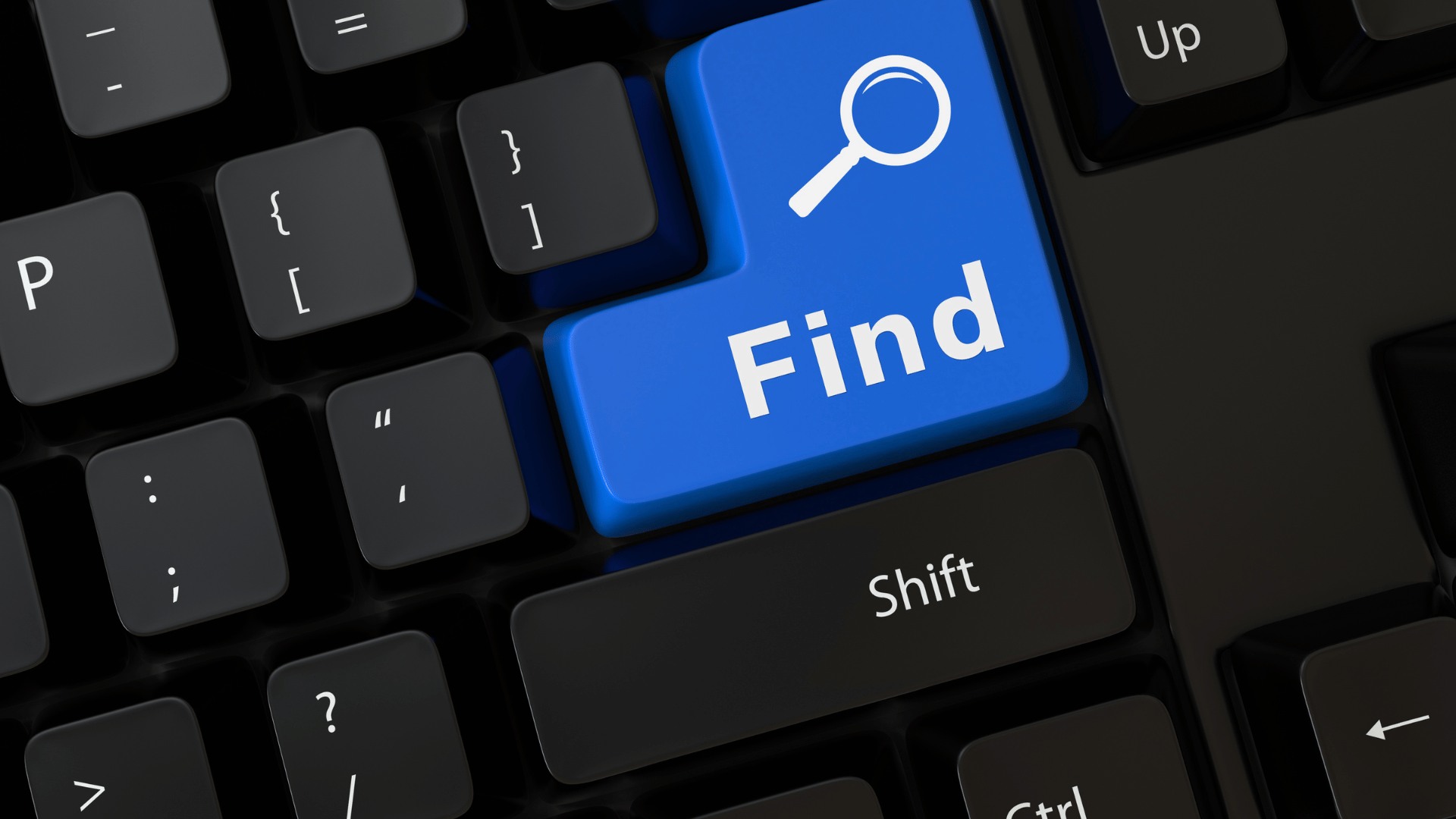 The black keys create a striking contrast against the vibrant blue, drawing attention to its unique function. This key, labeled "find," serves as a gateway to discovering hidden features and shortcuts within the software. Its presence suggests an emphasis on efficiency and ease of navigation, enhancing the overall user experience.