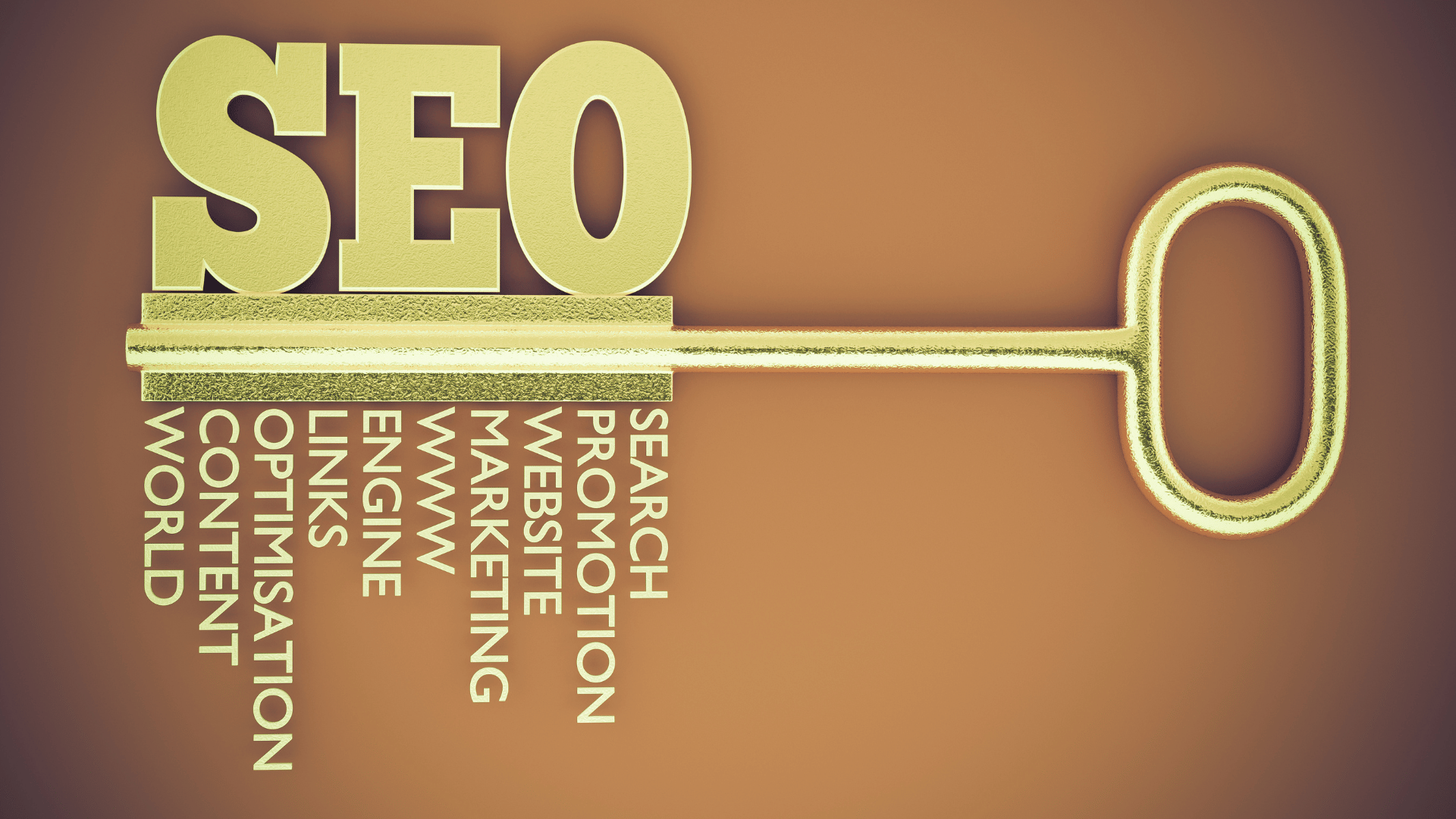 A brown backdrop features a key-shaped object. On top of this object, the letters "SEO" are shown. The key-like item represents search engine optimization, website promotion, marketing, WWW, engine links, content, and the world. This image connects the concept of SEO to unlocking online visibility and global reach.