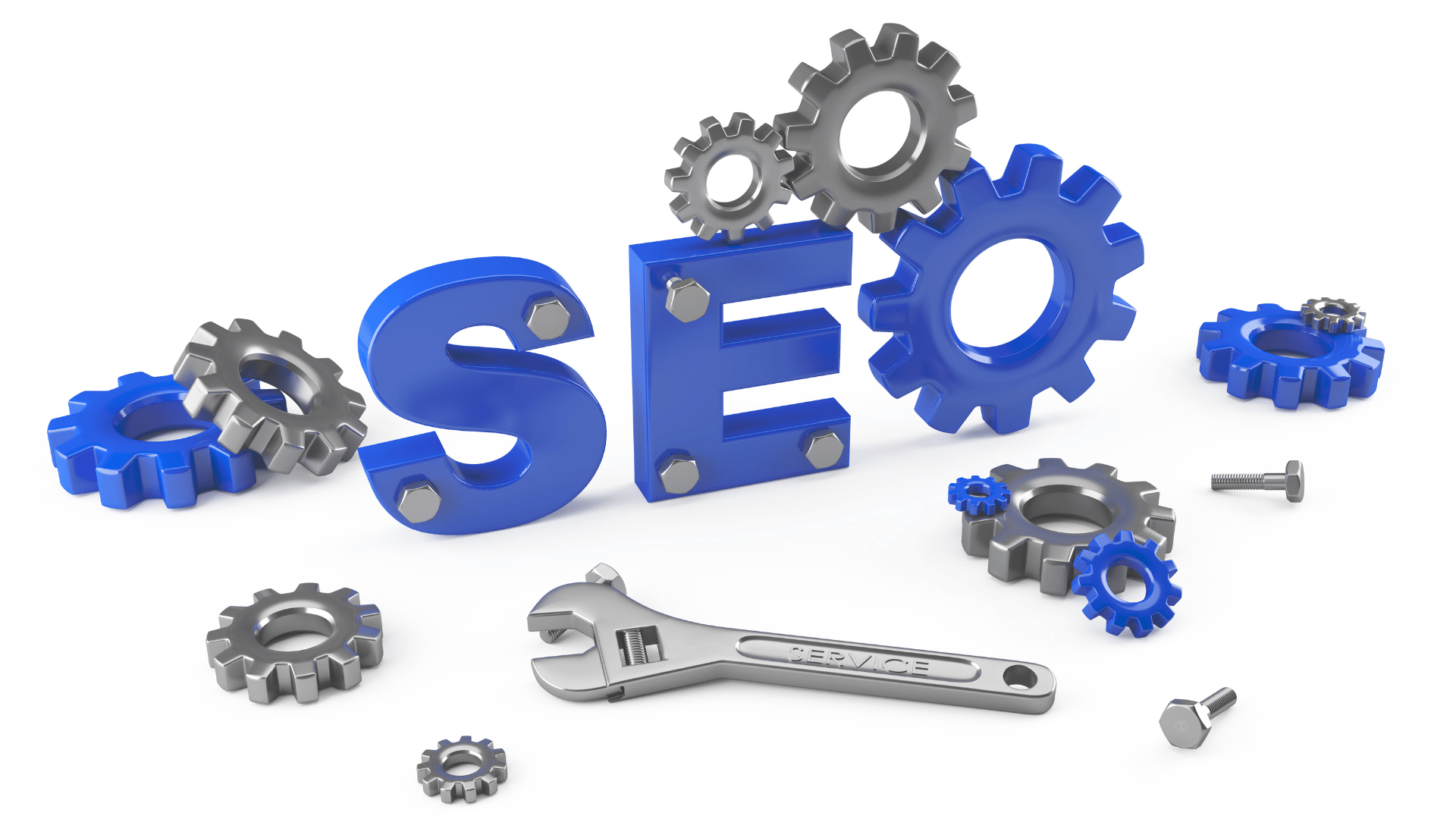 Blue mechanical gears spelling out SEO. A winch and a nut sit next to the SEO sign. The letters "SEO" are crafted from blue industrial gears. Adjacent to this mechanical text display, you'll find a winch mechanism and a metal nut component.